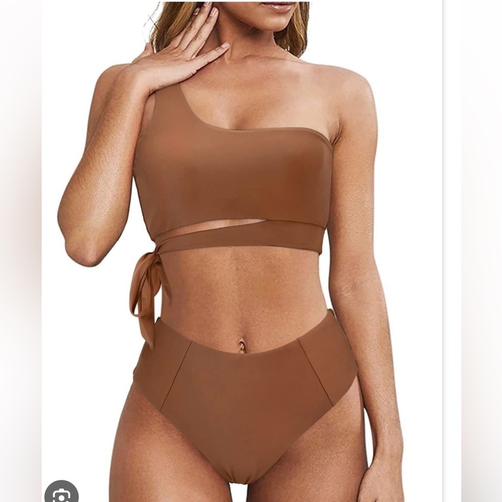 Two Piece Bikini Set Brown Full Coverage‎ Swimsuit Tummy Control Padded NWOT L
